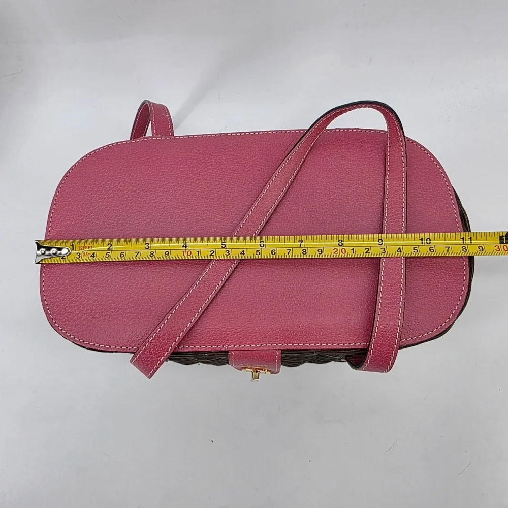 Kate Spade Pink Leather Dark Brown Wicker Picnic Basket Polka Dot Satchel Bag